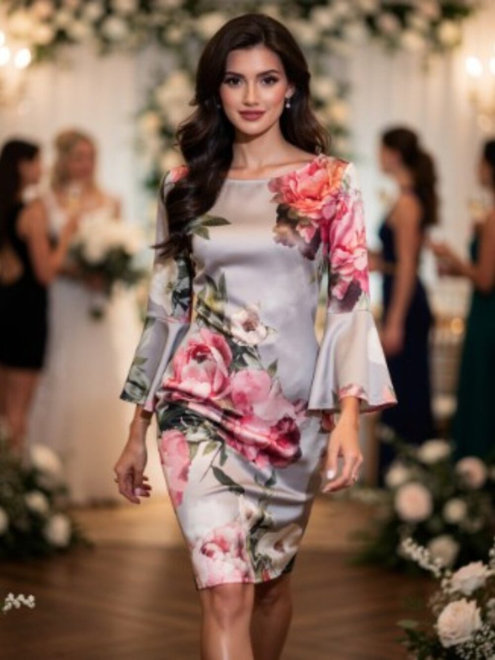 Calvin Klein Gray and Pink Floral Bell Sleeve Midi Sheath Dress Size 8 Like New